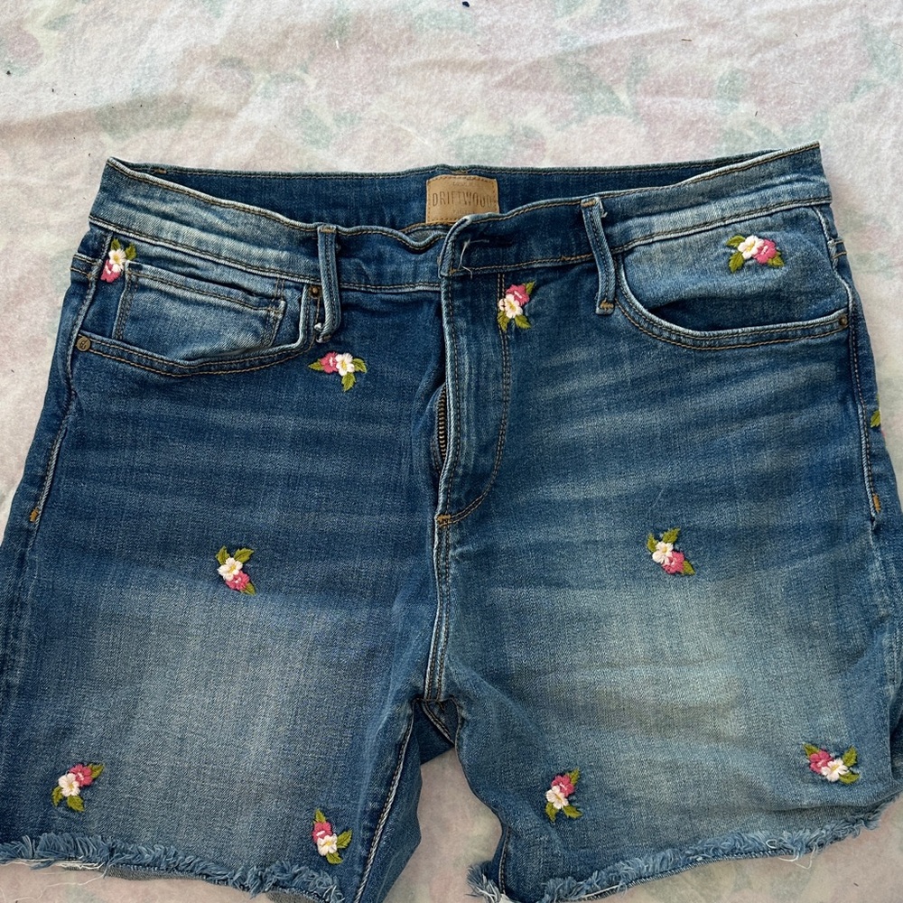 DRIFTWOOD Blue Floral Embroidered Jean Shorts